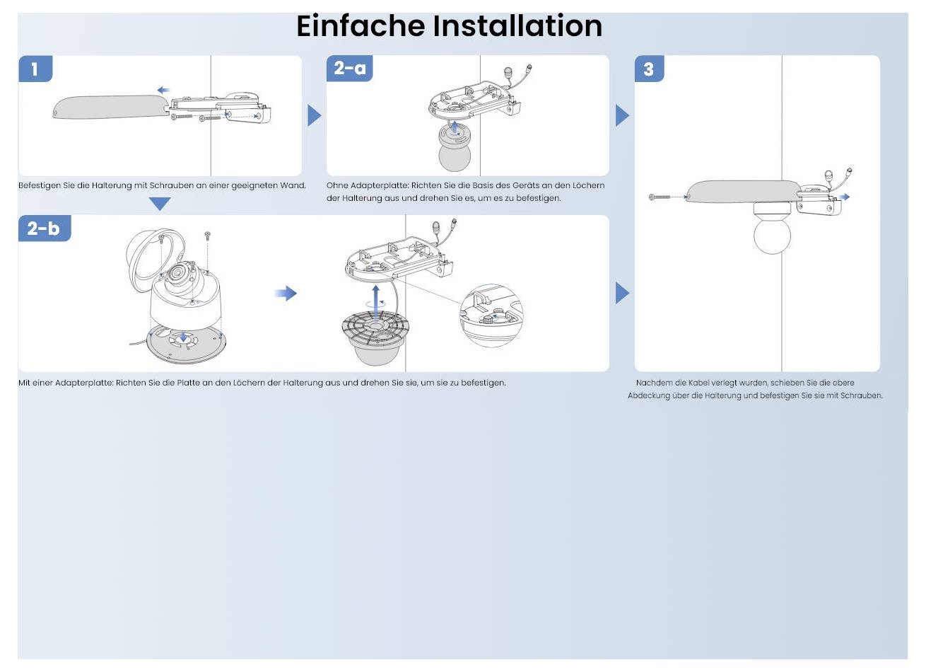 'Simple Installation' shows a guide in three steps: mount the bracket, connect the base, and secure the device.