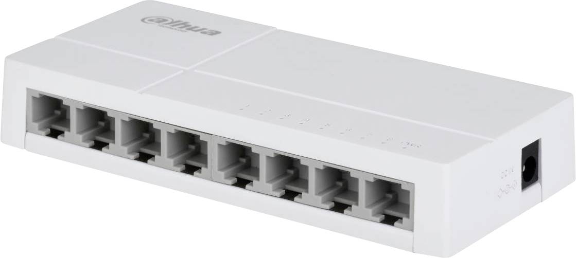 An eight-port network switch with a white casing and brand logo, used for connecting multiple devices in a local area network.