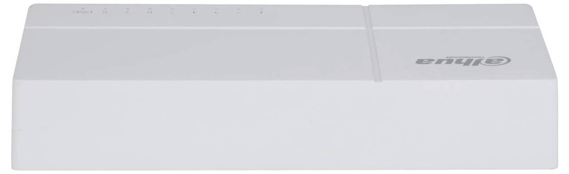 'A white electronic device resembling a network switch, featuring a few indicator lights and a logo on top.'