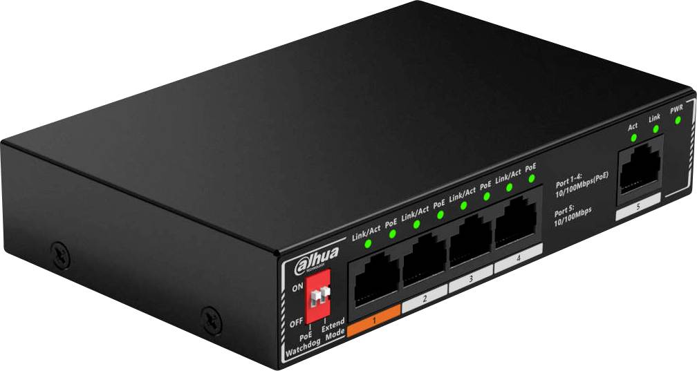A black network switch with four Ethernet ports, LED indicators for activity, and power switch; labeled 'Dahua' on the side.