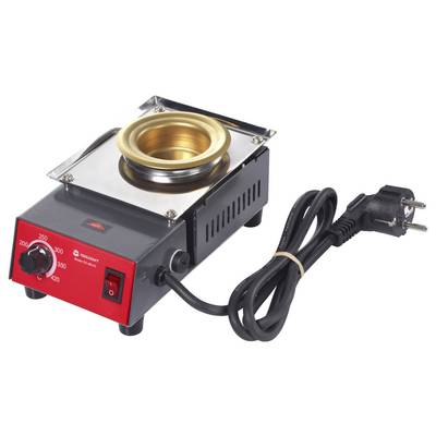 An electric melting pot with a temperature dial and power switch on the front, used for heating substances. It has a two-prong power cord.