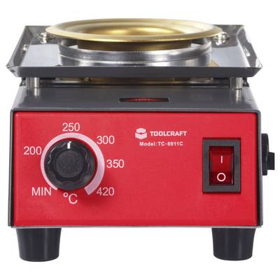 A red Toolcraft model TC-8911C hot plate with a temperature control knob and an on/off switch, designed for precise heating tasks.