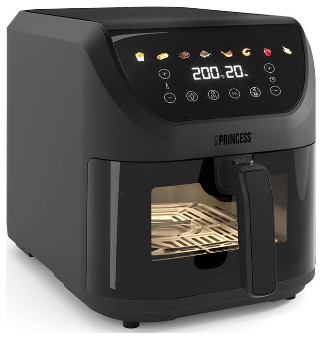 'Black air fryer with digital display showing 200 degrees. Various food icons are visible above the display. Brand name on the front.'
