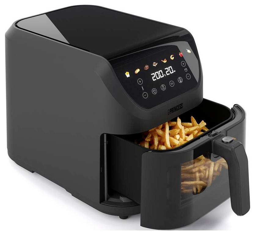 A black air fryer displaying '200.20' on its digital screen, with cooked french fries in the open fryer basket beneath.