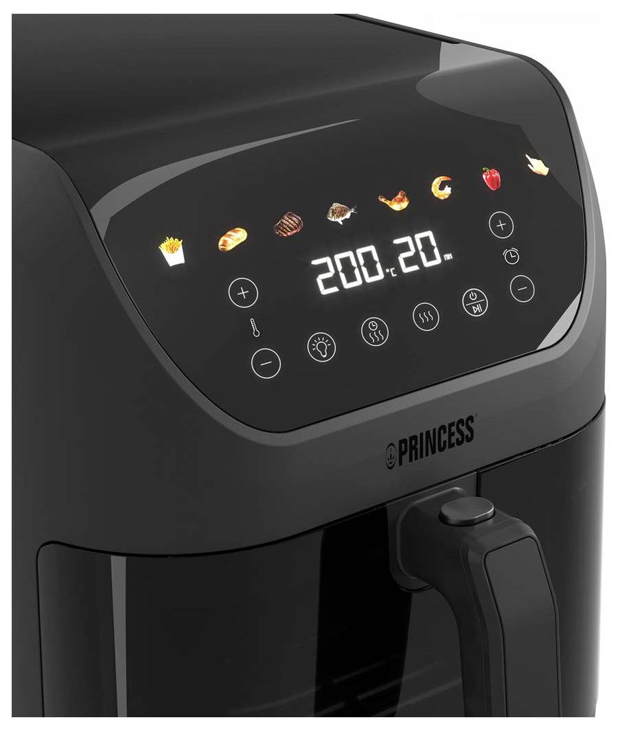 Touchscreen display on a kitchen appliance showing icons for different food items, temperature '200°', and other control buttons.
