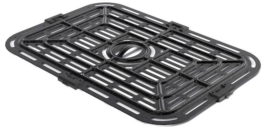 'Rectangular cast iron griddle with sleek black design and a central handle.'