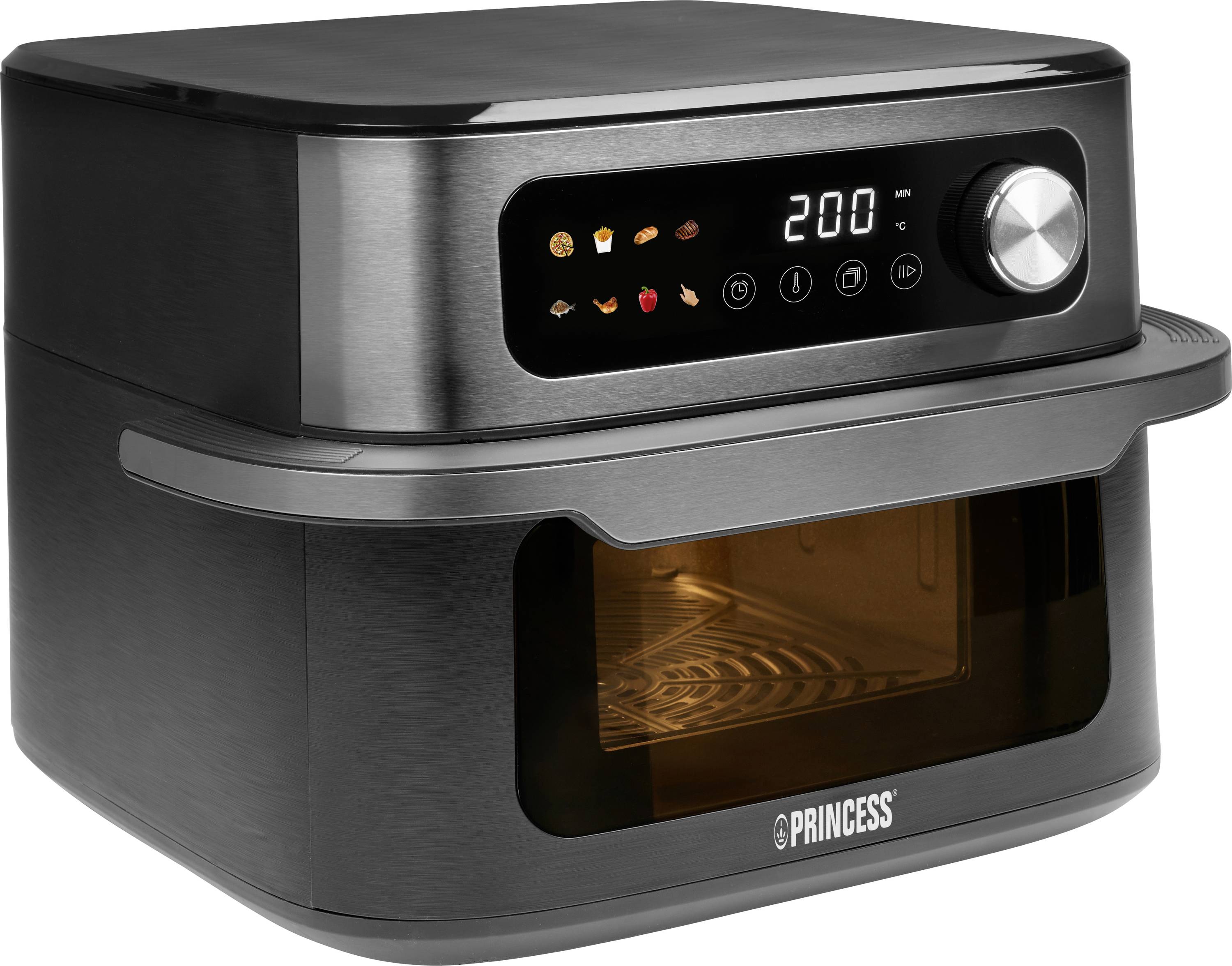 A black kitchen appliance with a digital display showing '200' and food icons. The front has a transparent window.
