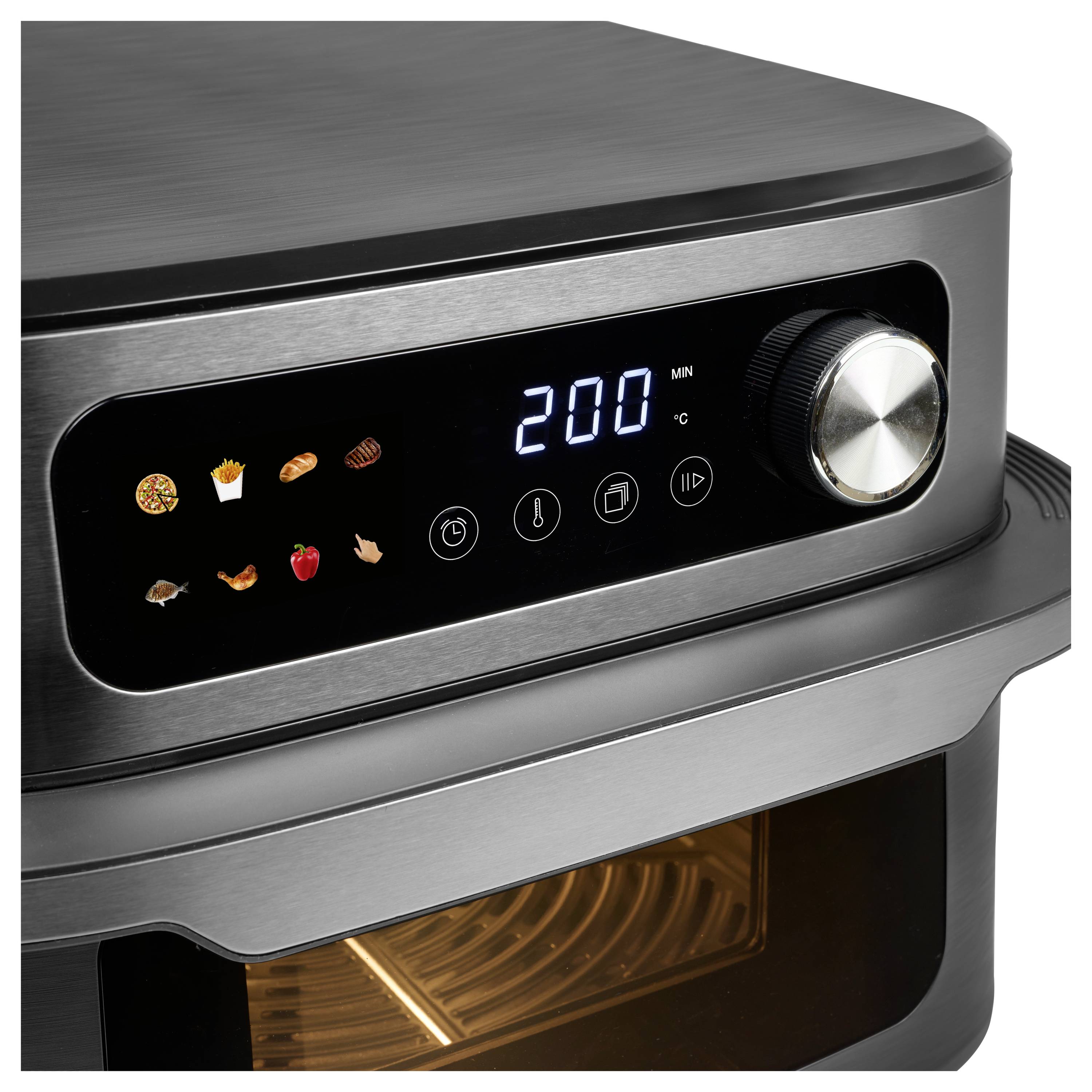'Digital air fryer with a display showing 200 minutes, icons for preset settings like fries and chicken, and a temperature control knob.'