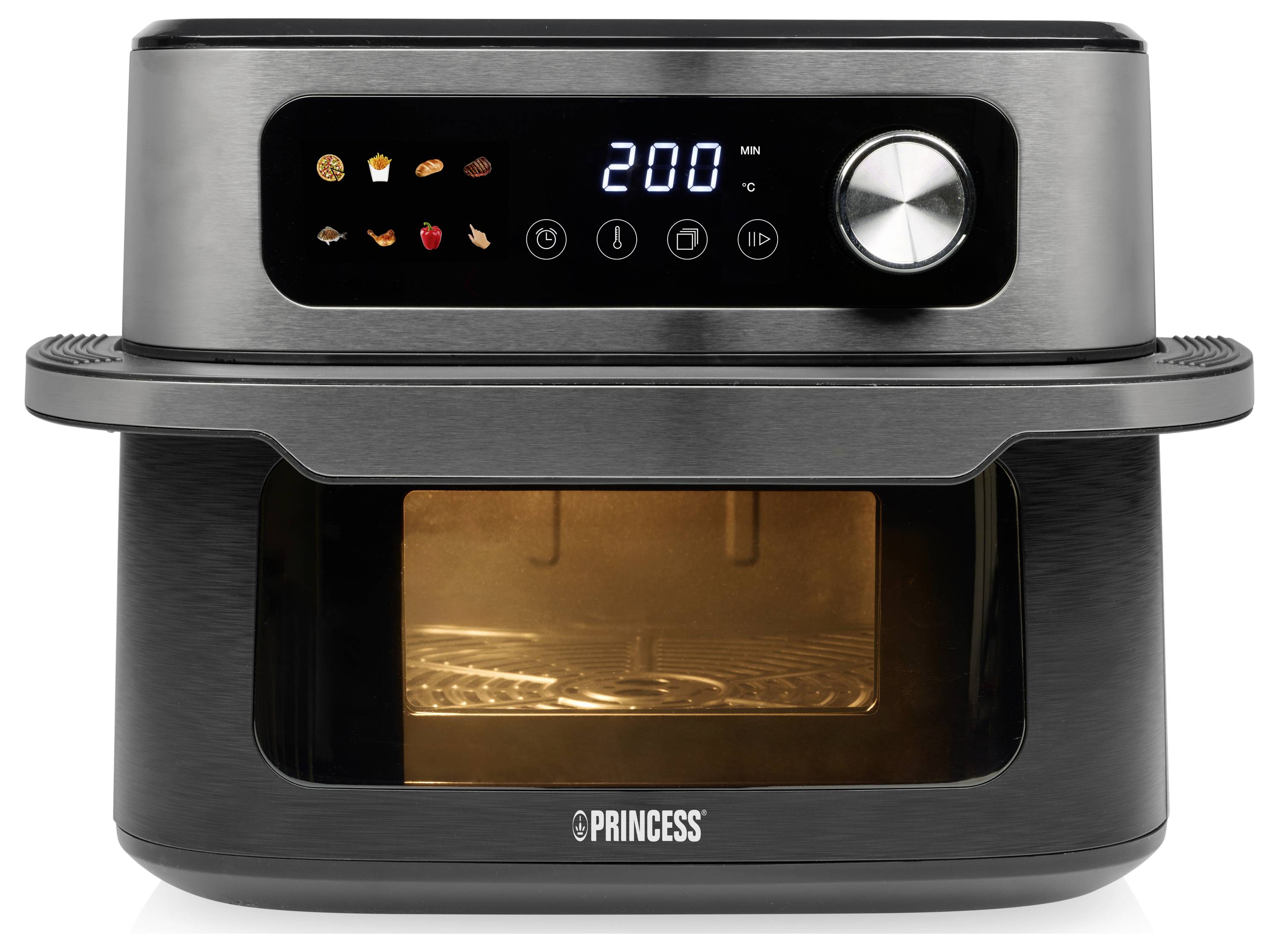 'Princess air fryer oven with digital display showing 200 minutes, control knob, and icons for preset cooking modes. Black and silver design.'