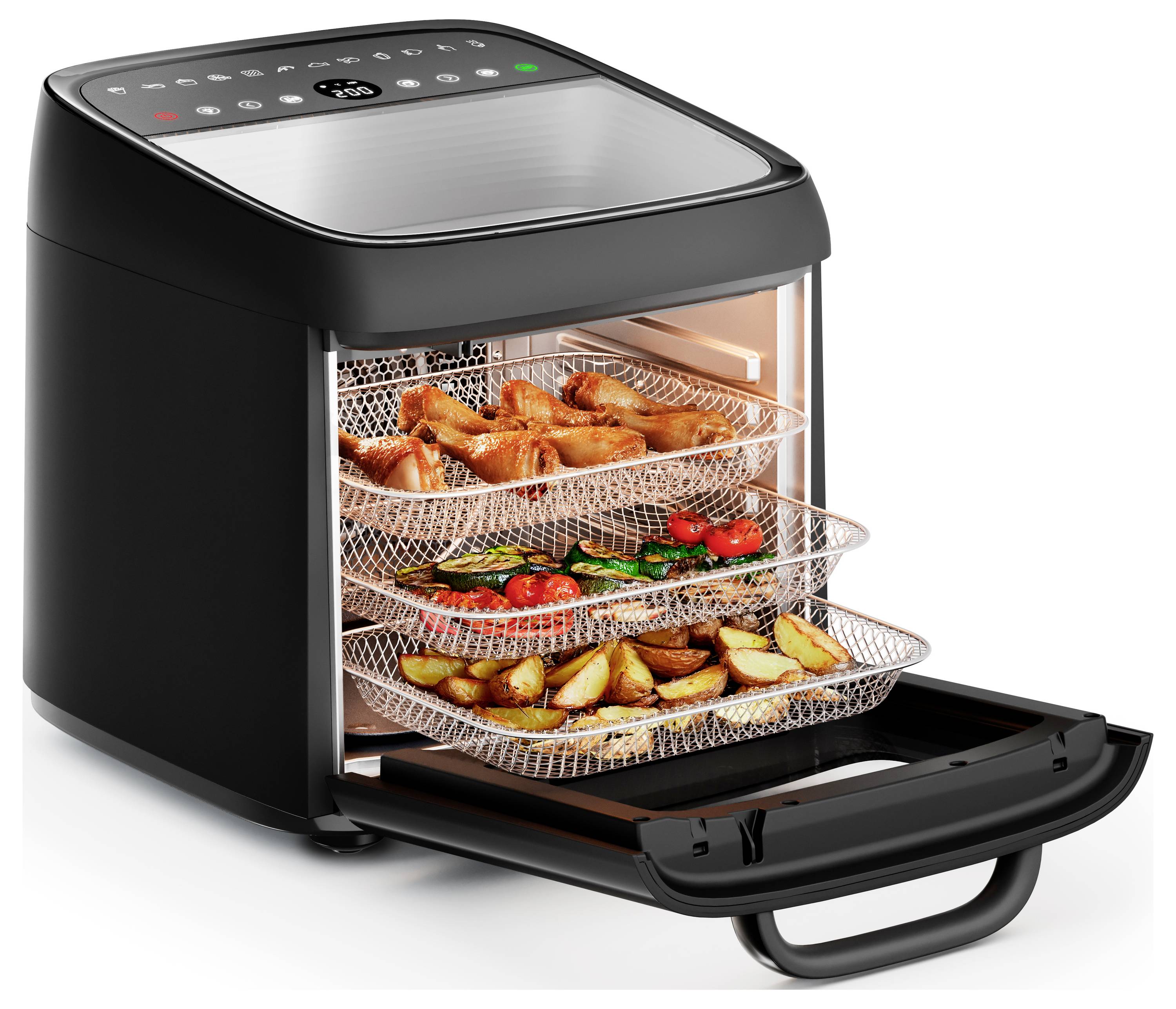 A black countertop air fryer oven with three trays filled with cooked chicken wings, sliced potatoes, and roasted vegetables.