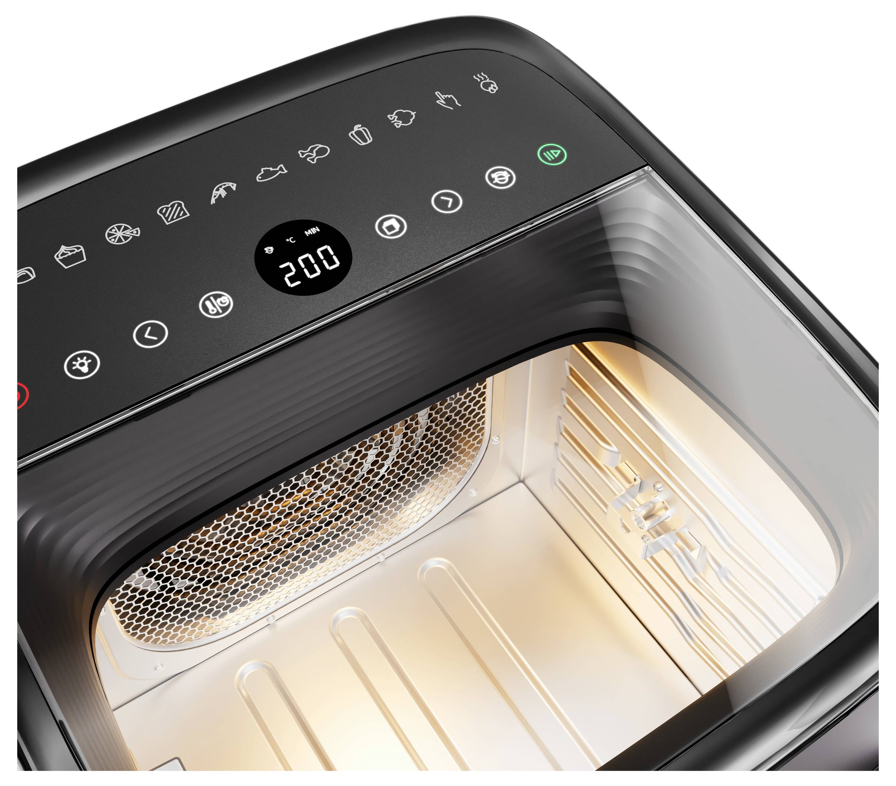 A digital air fryer with control panel displaying a temperature of 200 degrees, illuminated interior, and touch icons for various functions.