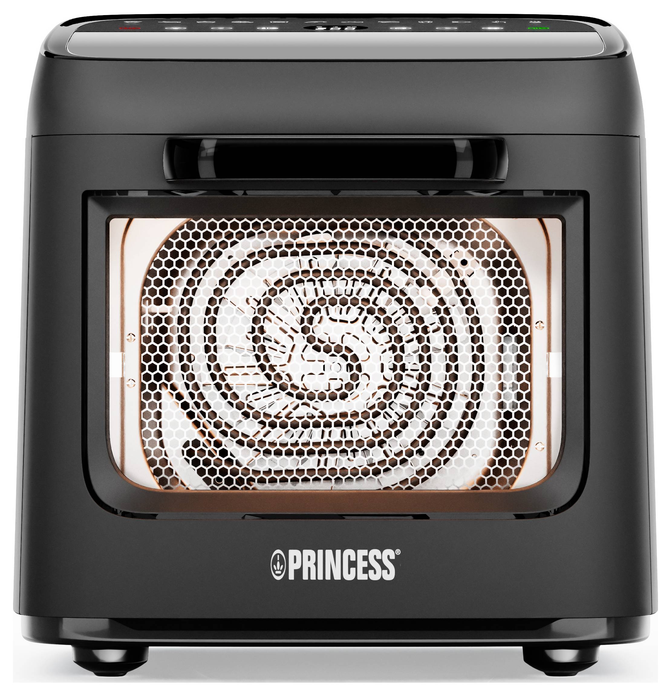 A black compact electric heater with a visible heating element inside and a digital control panel on top.