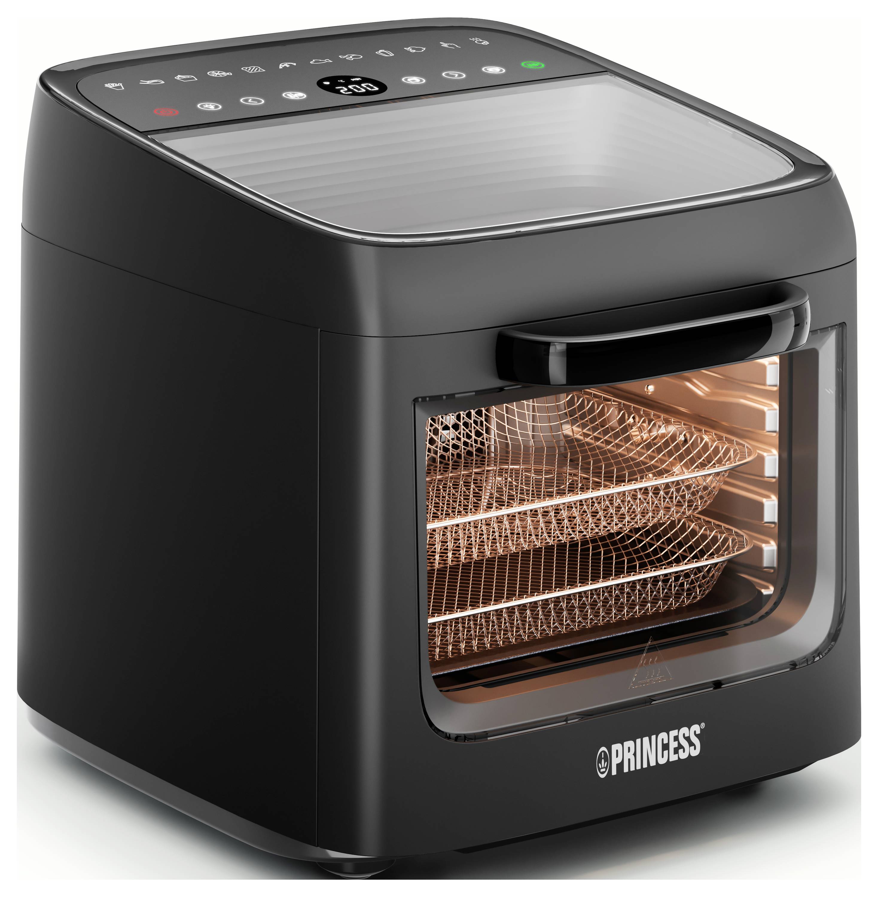 A black air fryer with a digital display on top and a transparent front door, showing three stacked mesh trays inside, glowing orange.