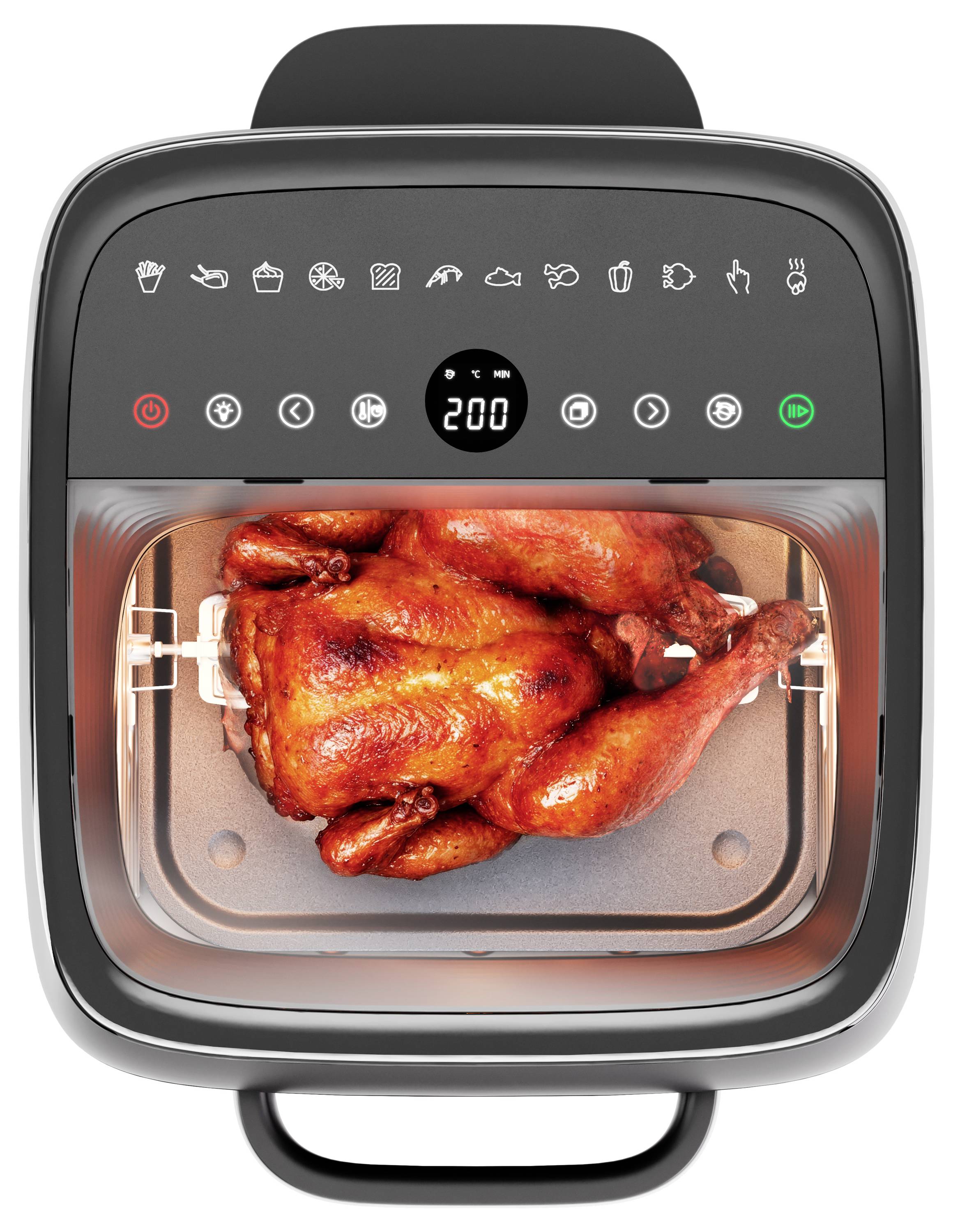 A roasted chicken inside an air fryer oven set at 200 degrees. The control panel displays various cooking icons and buttons.