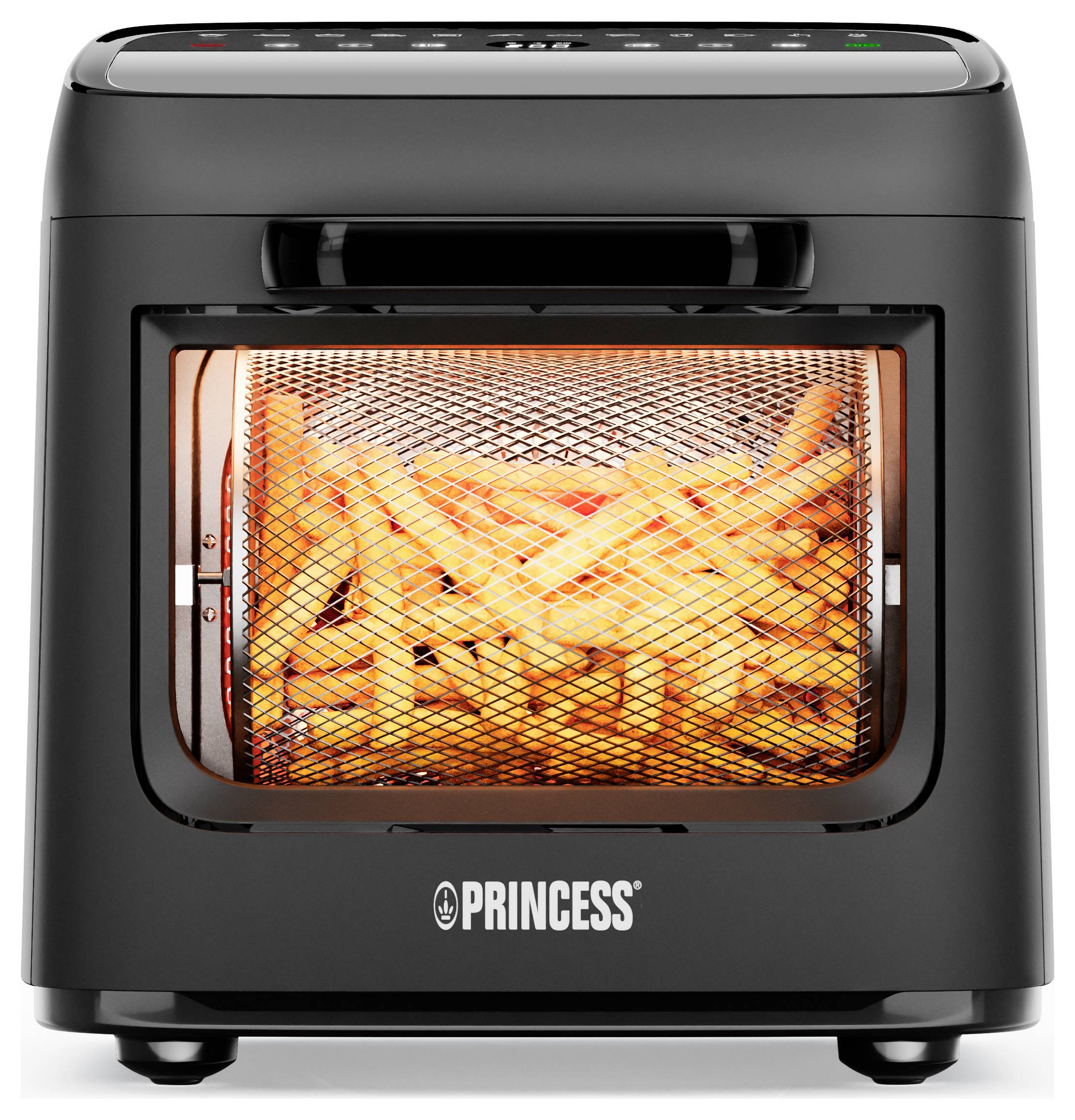 A black air fryer with a digital display is cooking French fries. The fries are visible through the transparent front door.