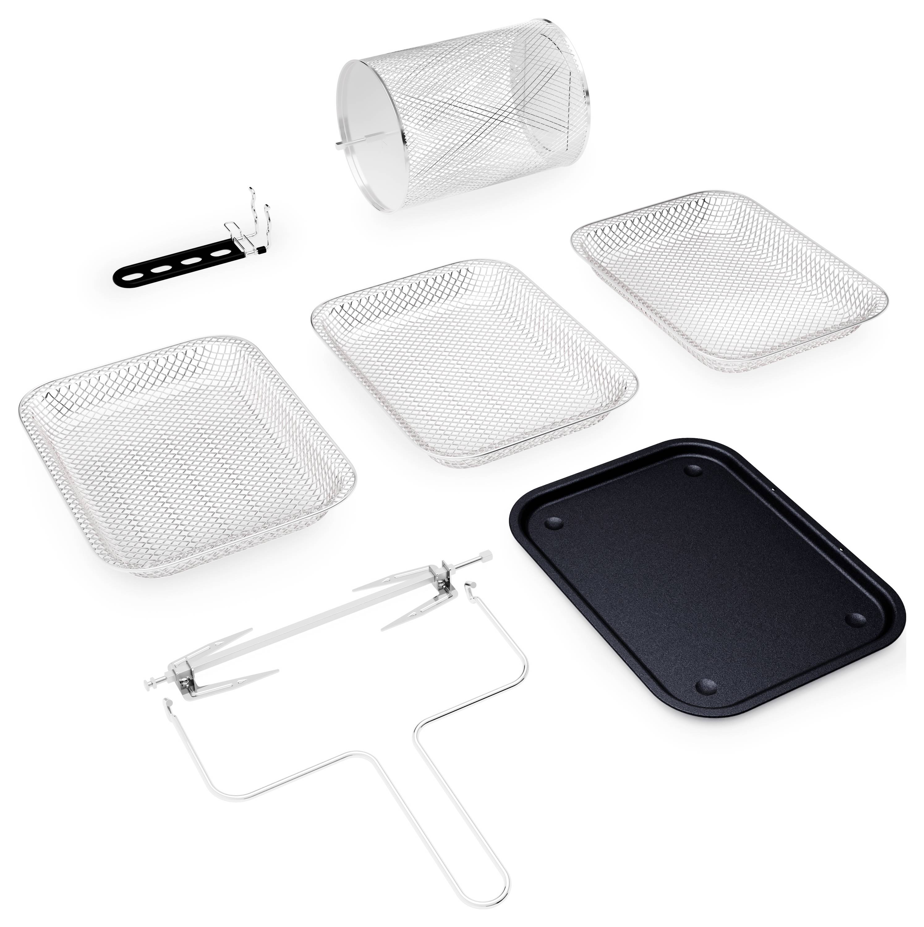 Air fryer accessory set includes mesh baskets, rotisserie cage, skewers, lifting tool, and drip tray, designed for versatile cooking options.