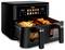 A dual compartment air fryer with fries and chicken nuggets, showing 200°C on each digital display.