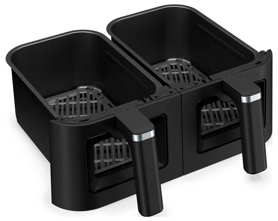 A dual basket air fryer with black compartments and handles is shown, designed for cooking different foods simultaneously.
