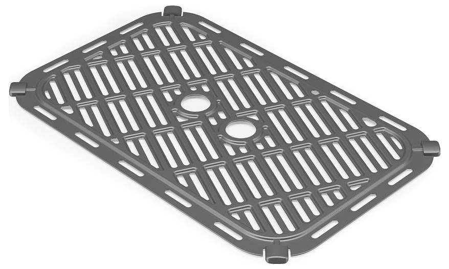 'Rectangular metal grate with parallel slats and rounded corners, featuring two central circular holes, viewed at an angle.'