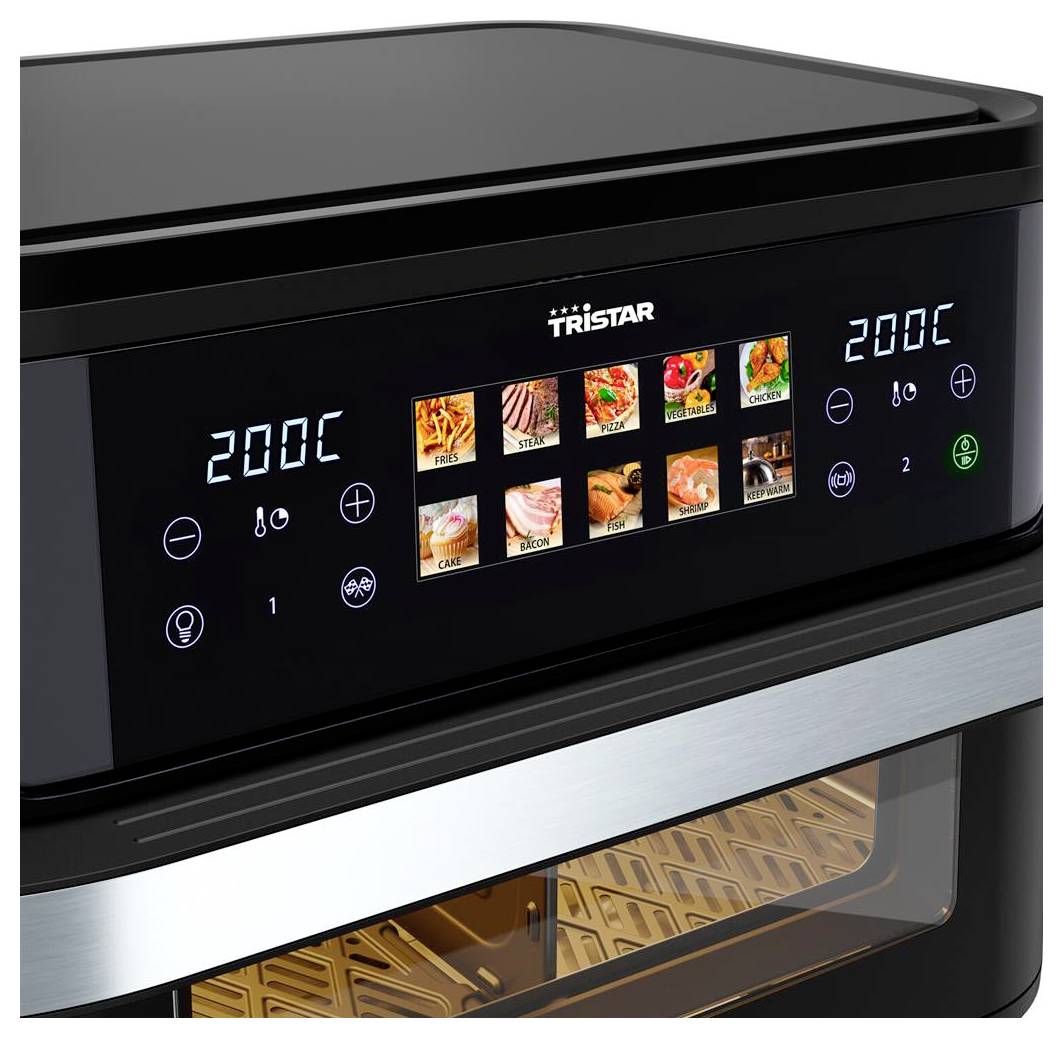 'Digital air fryer control panel showing temperature set to 200°C, various cooking modes, and images of food options.'
