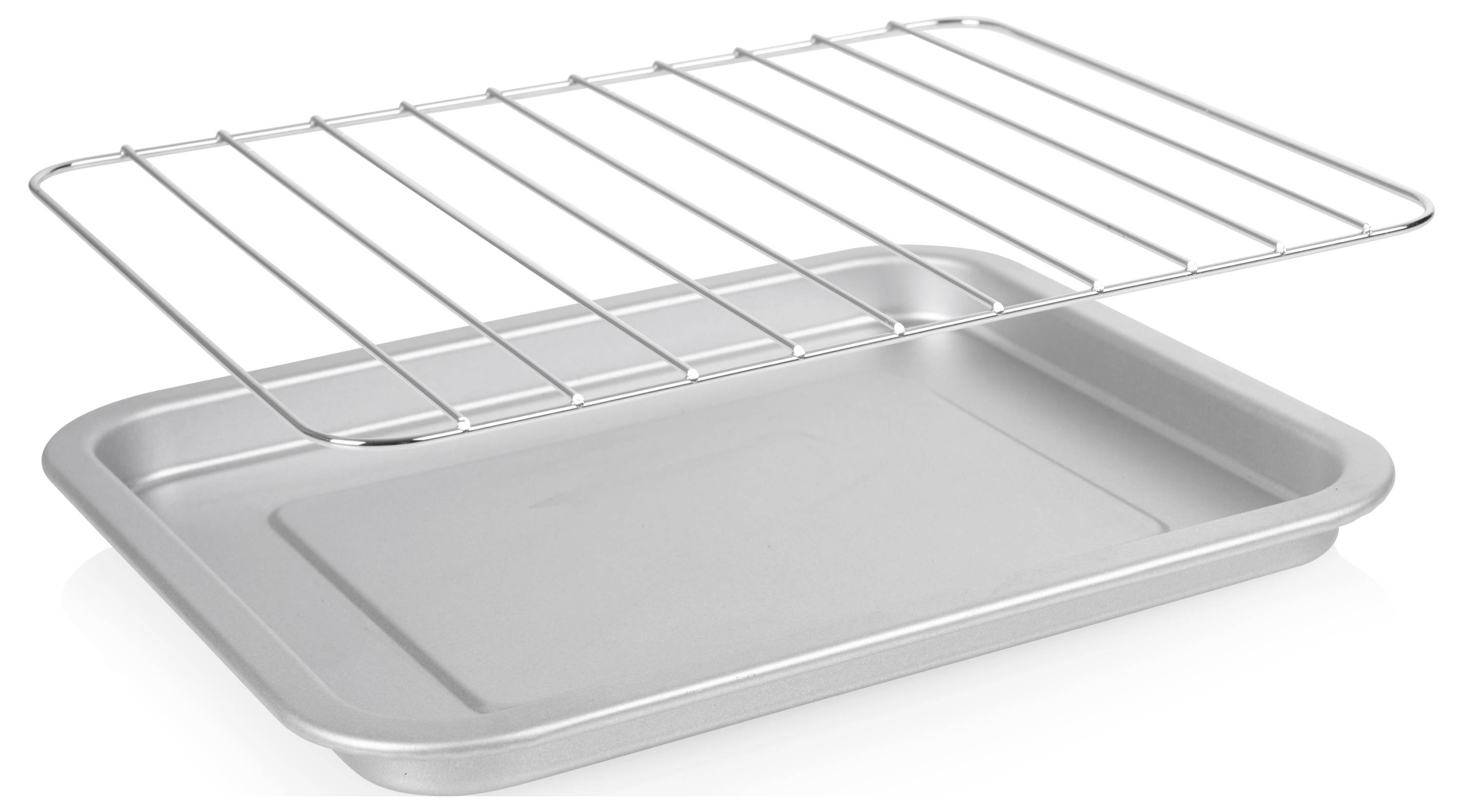 'Baking tray with wire rack on top, designed for cooling baked goods or roasting. Both items are silver and made of metal.'