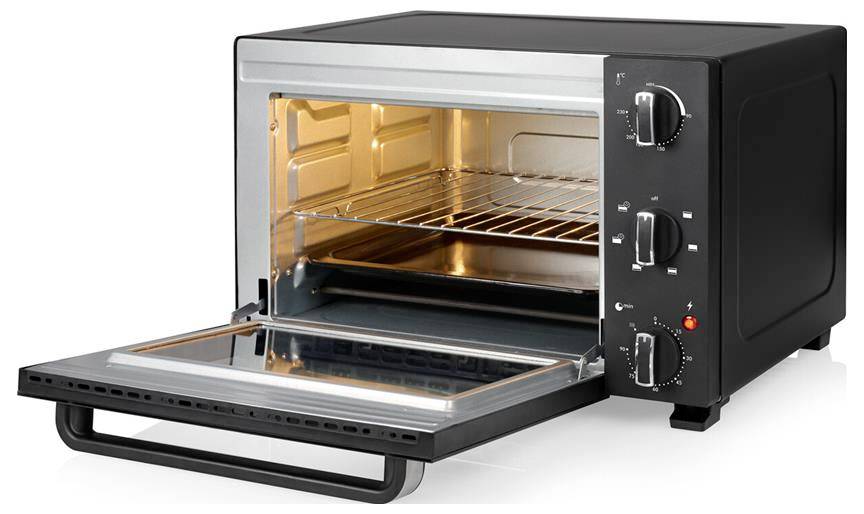 A black countertop oven with an open door reveals a silver interior with two racks. Control dials are on the right side.