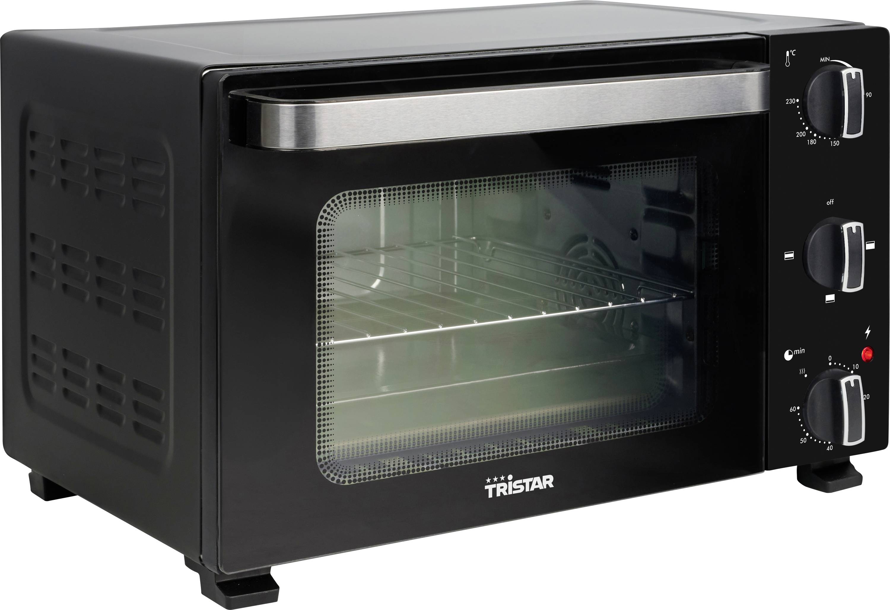 A black compact countertop oven with a transparent door showing oven racks, three control knobs, and a small indicator light.