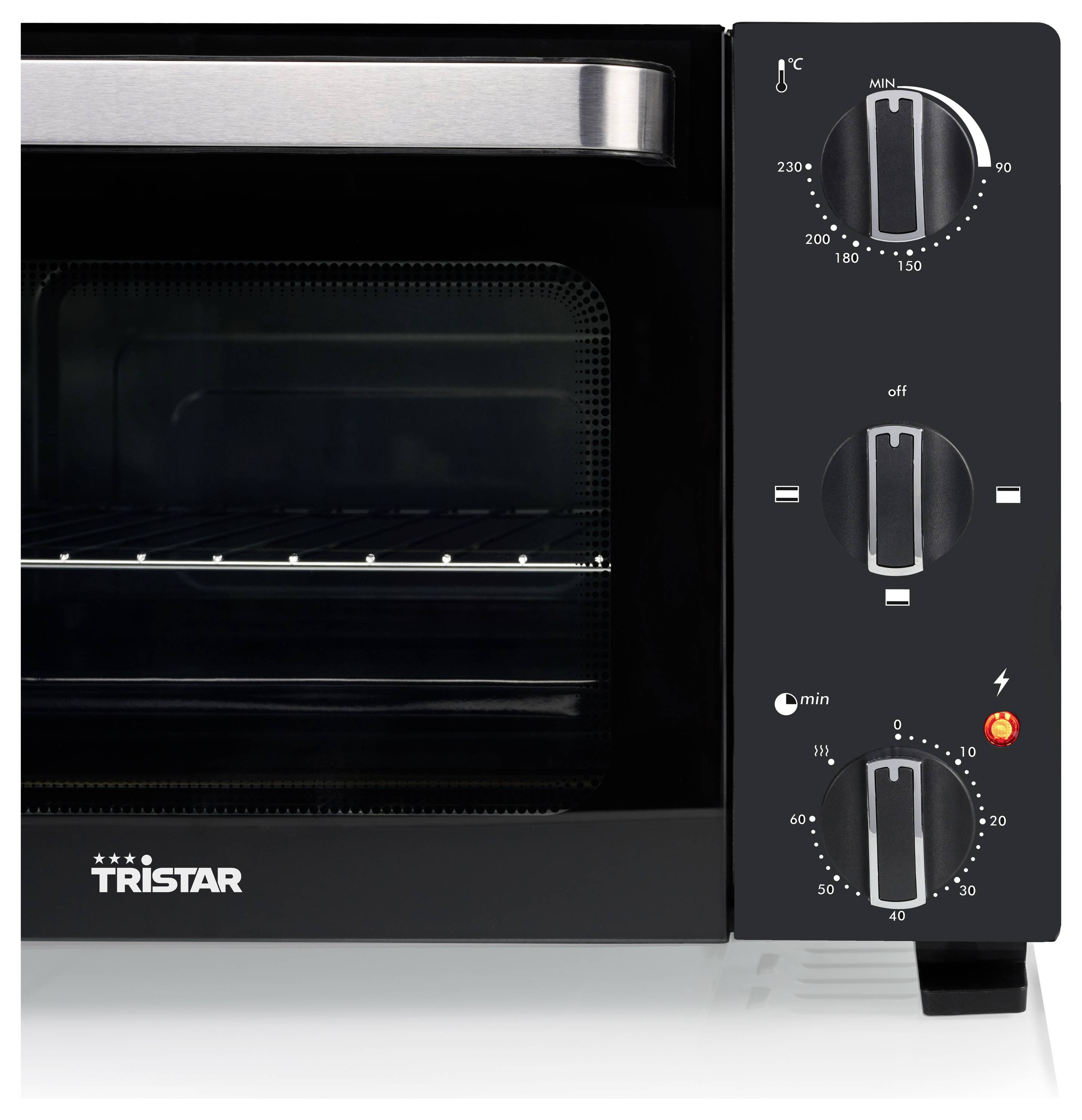 Portable countertop oven with dials for temperature, function, and timer on the right. Oven door has a glass window and single rack inside.