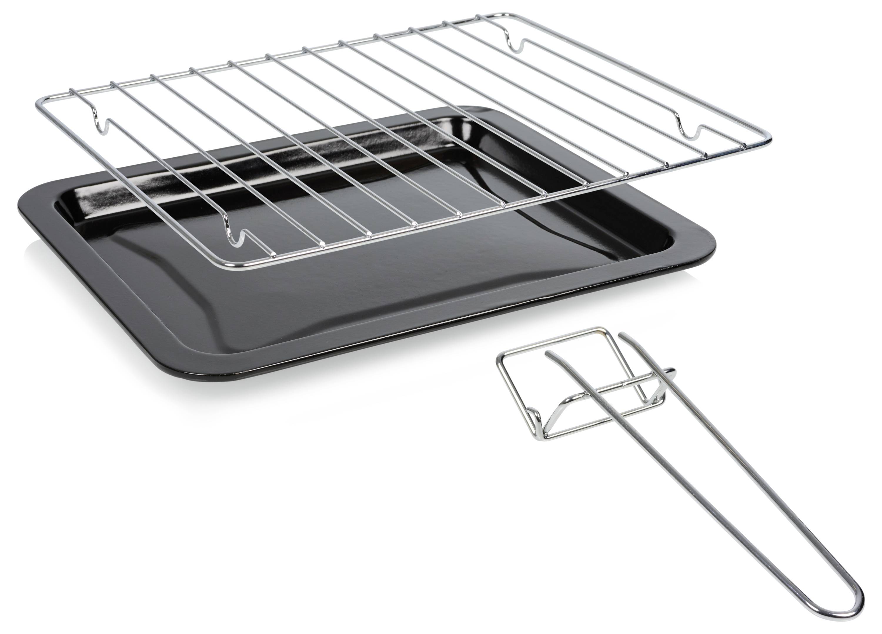 Metal oven rack and black roasting tray with a removable handle, used for baking and grilling.