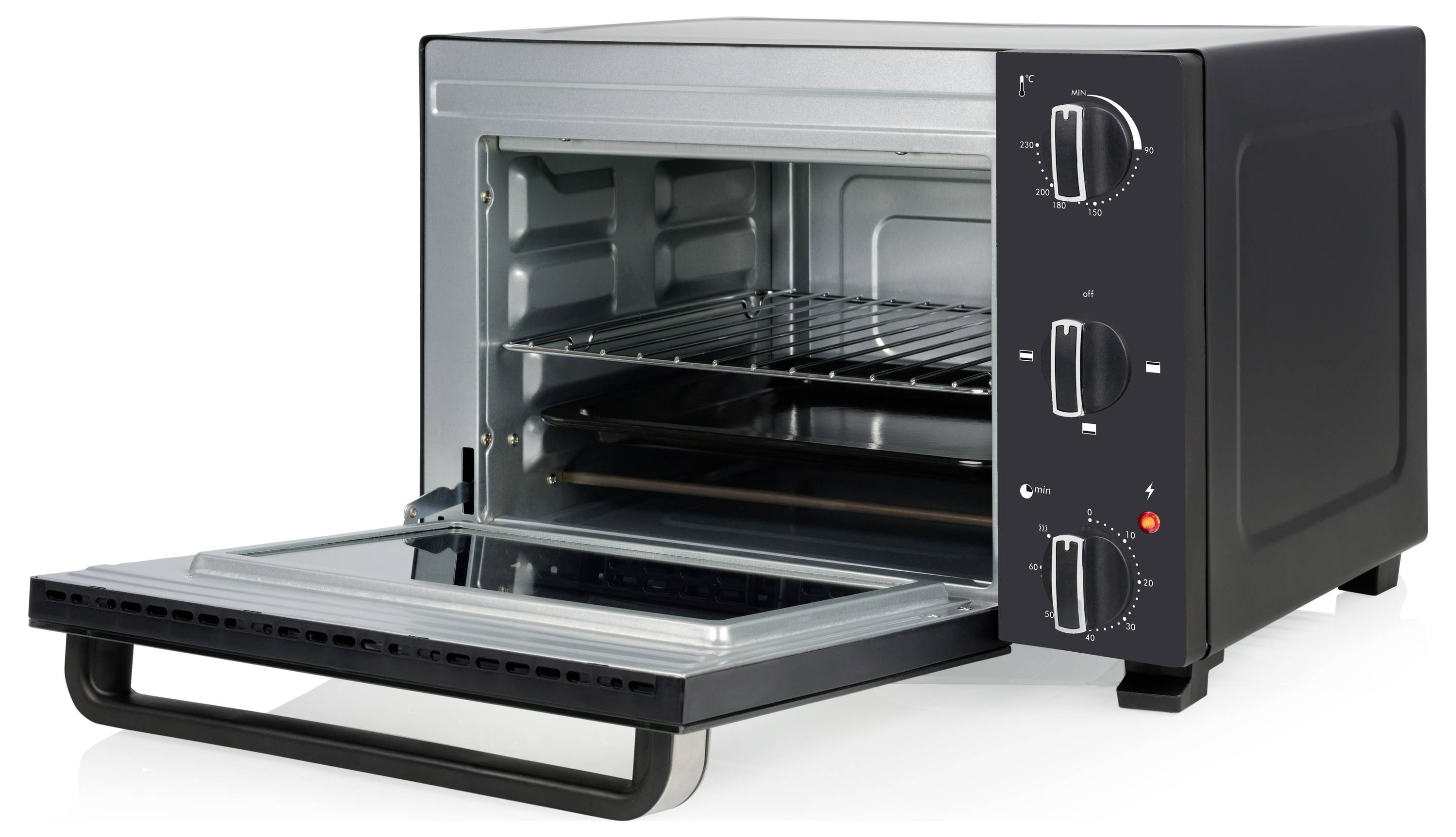 A black countertop oven with an open door, showing wire racks inside and control knobs on the side.