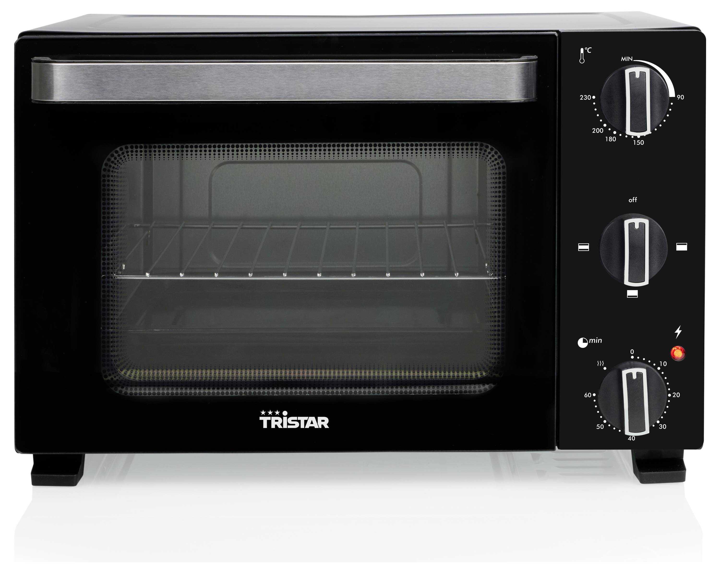 A black Tristar countertop oven with a transparent door, showing a wire rack inside. Control knobs for temperature and timer are on the right.