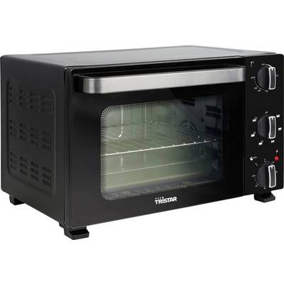 A black countertop oven with a clear front door showing wire racks inside. Three control knobs on the side for temperature, function, and timer.