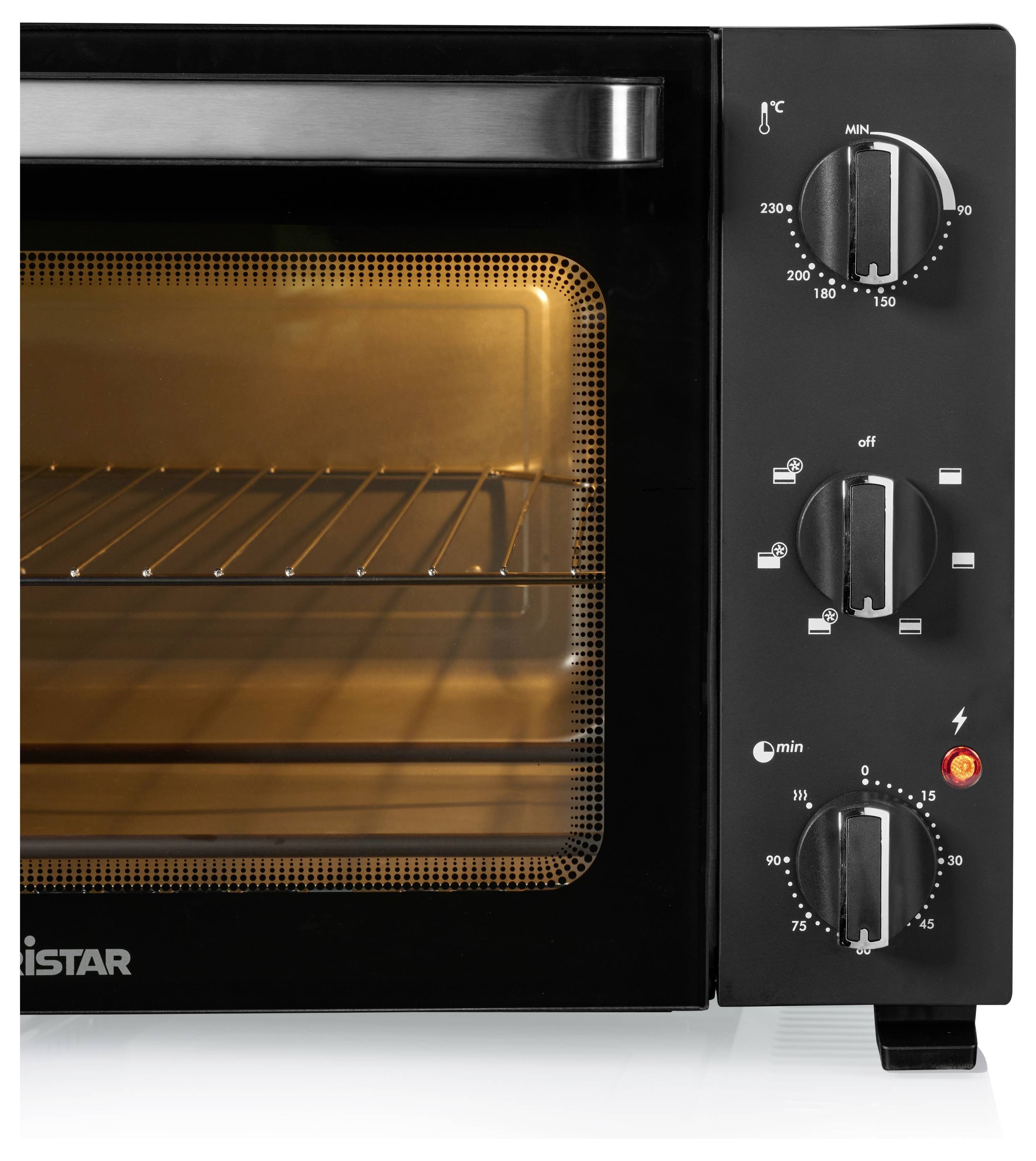 The image shows an electric oven with a glass door. Temperature and timer dials are visible on the side, with settings and indicator lights.