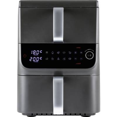 A dual-basket air fryer with digital controls showing temperatures of upper and lower baskets as 180°C and 200°C. Various cooking icons visible.