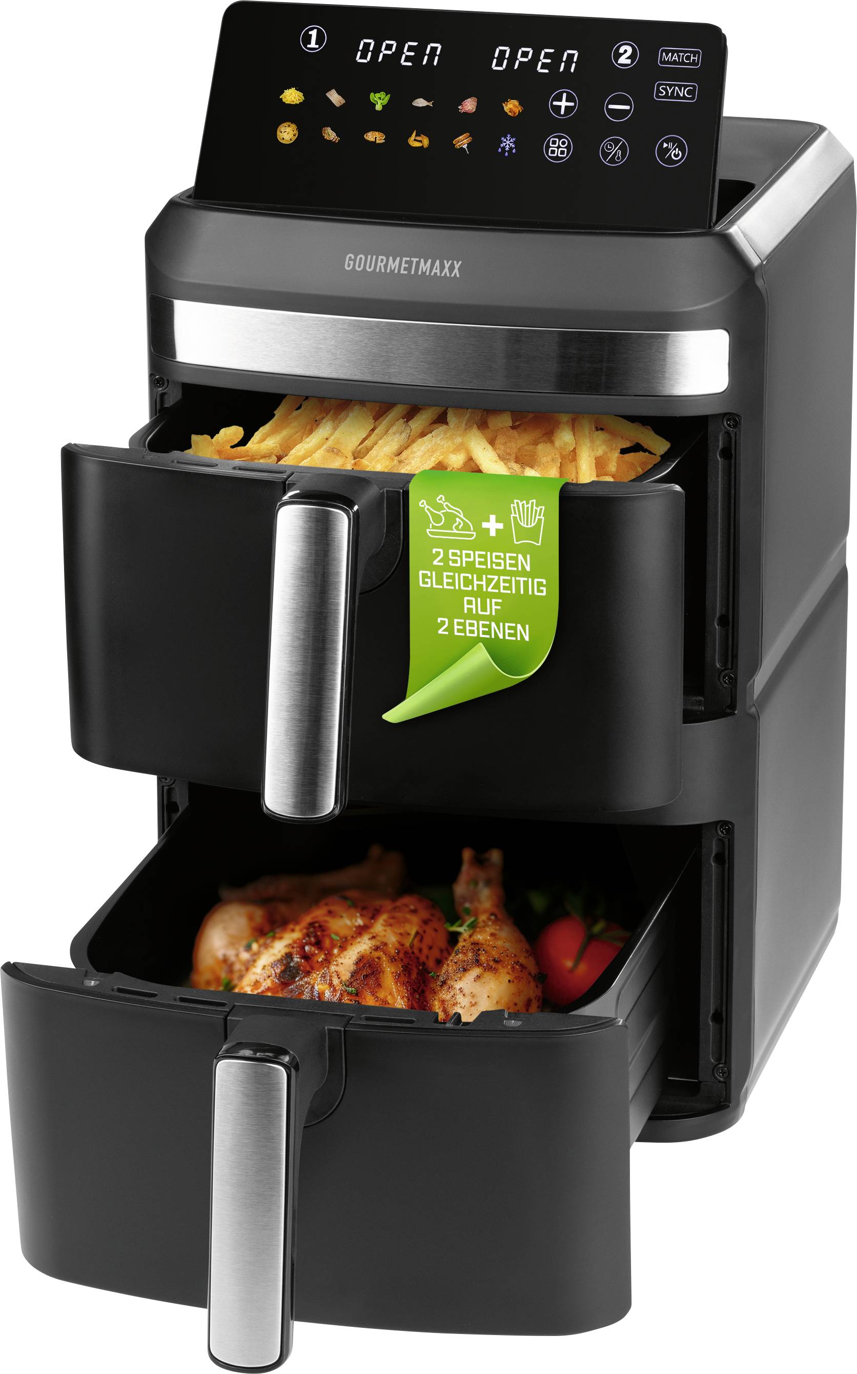 'GOURMETmaxx' dual basket air fryer with digital display, showing temperature settings of 200°C for both baskets, icons for cooking modes below the display.