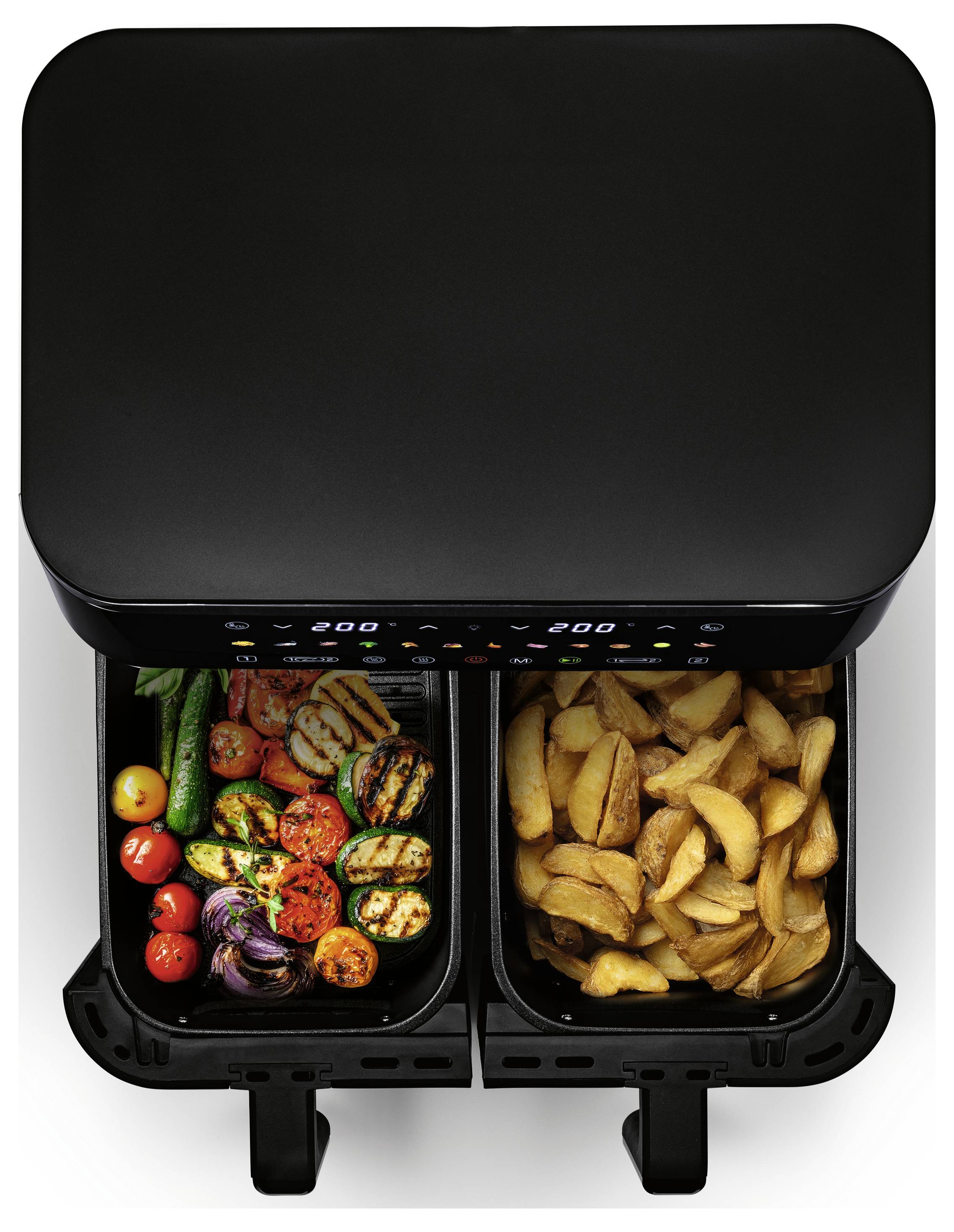 A dual-basket air fryer with grilled vegetables in one basket and cooked potato wedges in the other, showing the appliance's versatility.