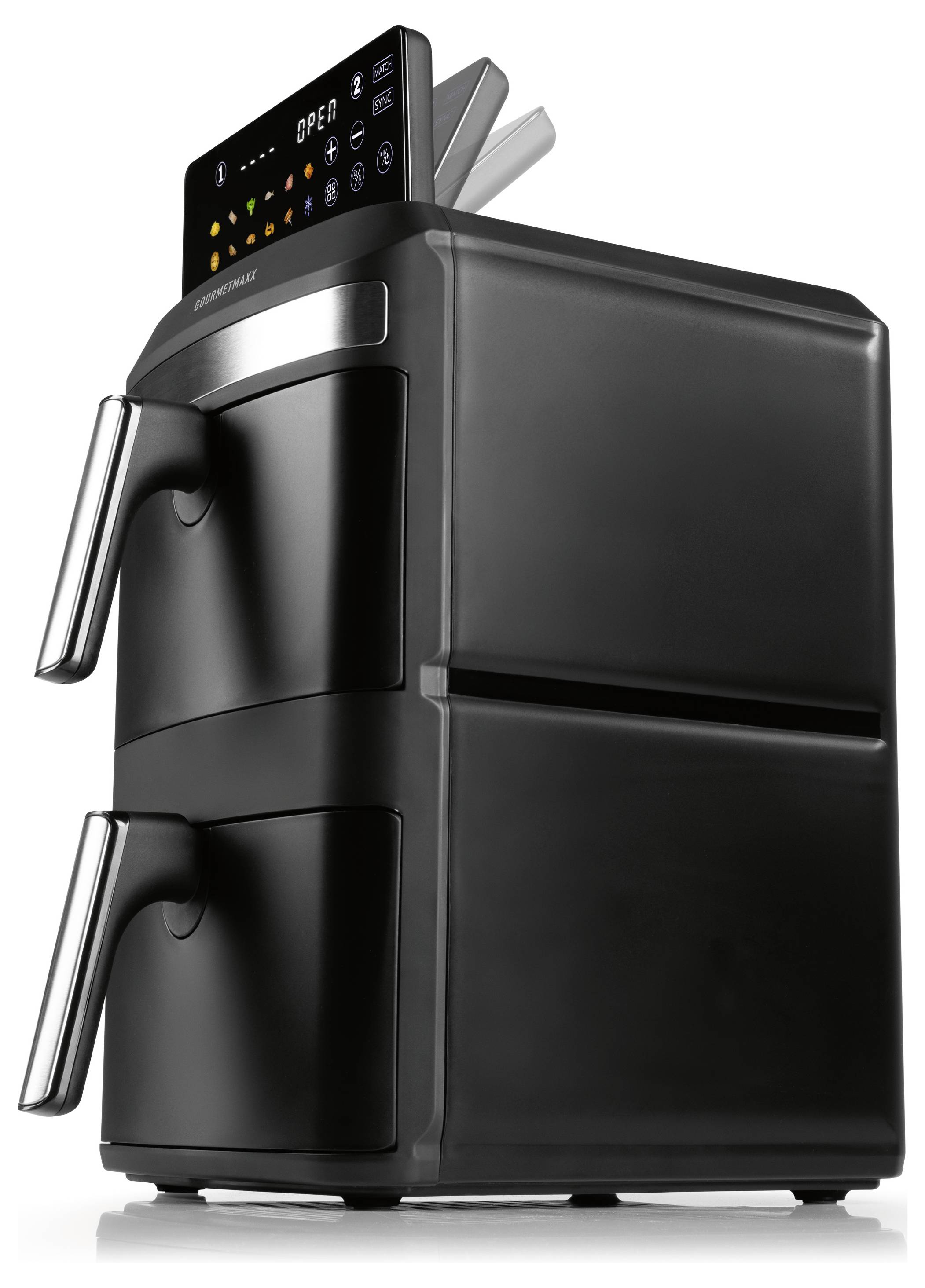 Double-Chamber Hot Air Fryer by Gourmetmaxx with LED Touch Display, 9 Litre Capacity, Suitable for Families, 7 Functions.