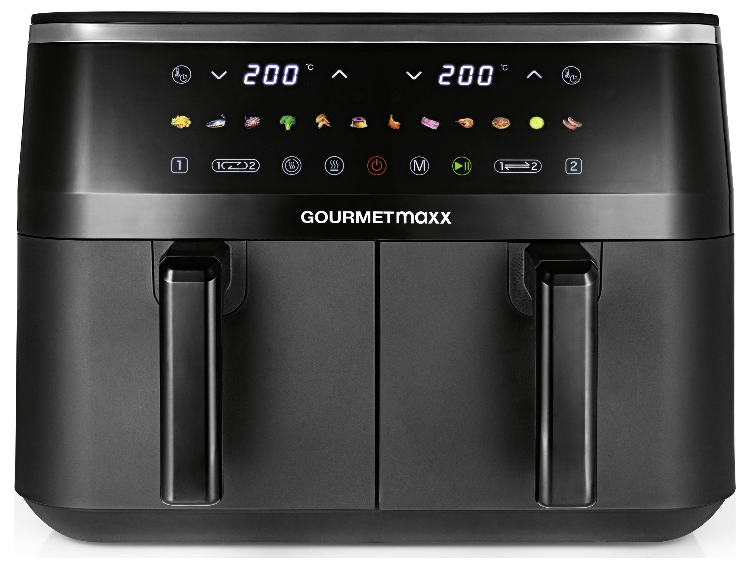 A dual-basket air fryer with digital controls showing temperatures of '200' degrees. It displays icons for various cooking settings.