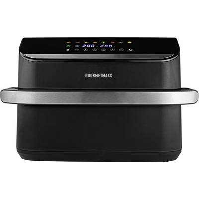 A black air fryer with display showing temperature and time settings, brand name 'GOURMETMAXX.'