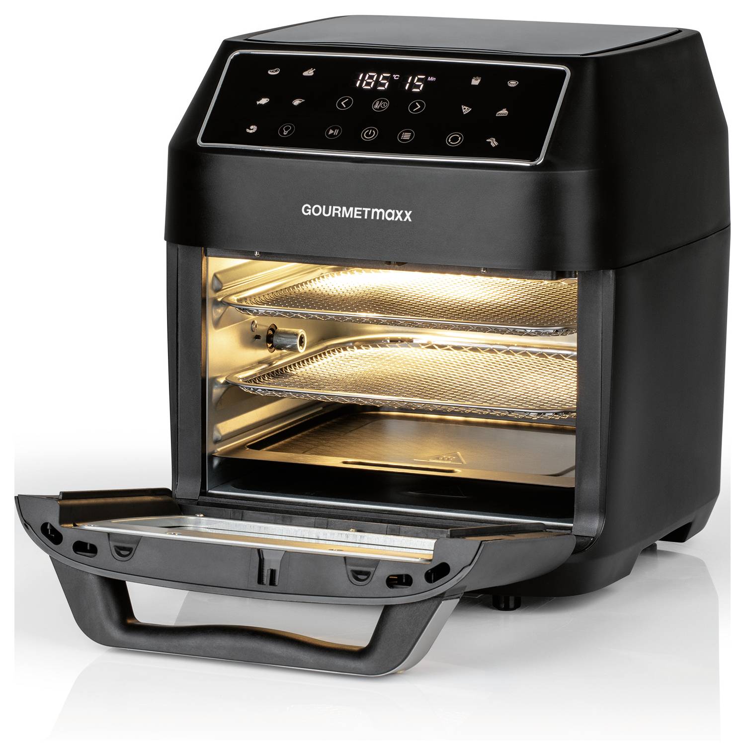 A black digital air fryer with an open door, two mesh trays inside, showing temperature '185°C' and time '15' on the control panel.