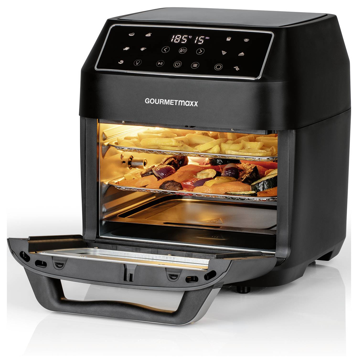 An air fryer with an open door showing cooking trays filled with vegetables and fries. The control panel displays '185° 15'.