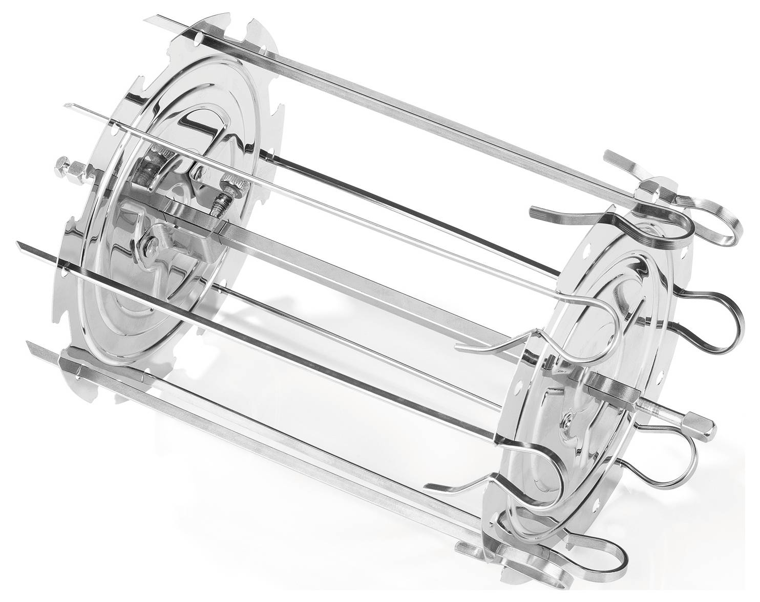 A rotisserie skewer set with two circular end plates and four skewers designed for evenly roasting meats or vegetables on a grill or oven.