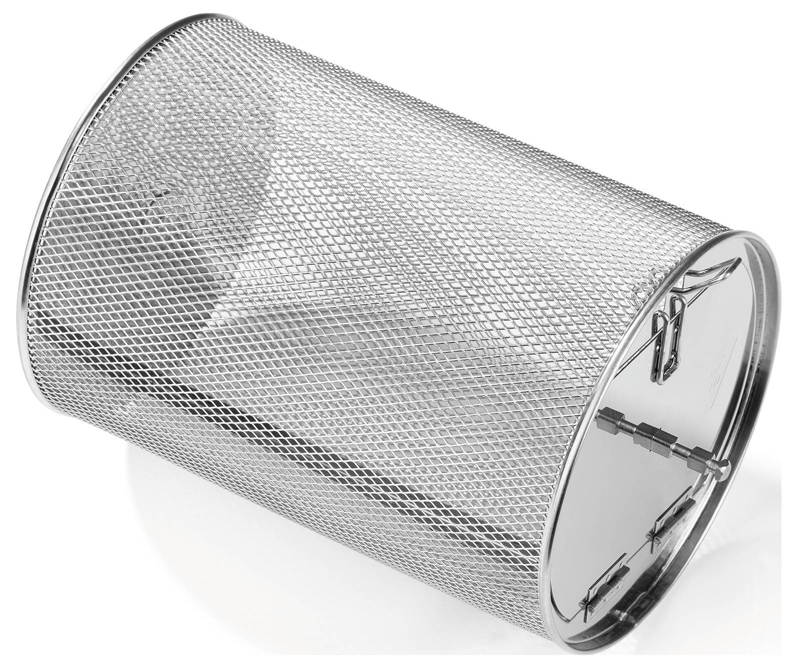 A cylindrical metal mesh wastebasket lies on its side.