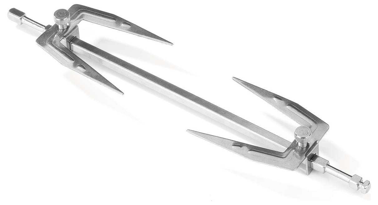 A stainless steel skull clamp used in neurosurgery with adjustable arms and screws for securing a patient's head during procedures.