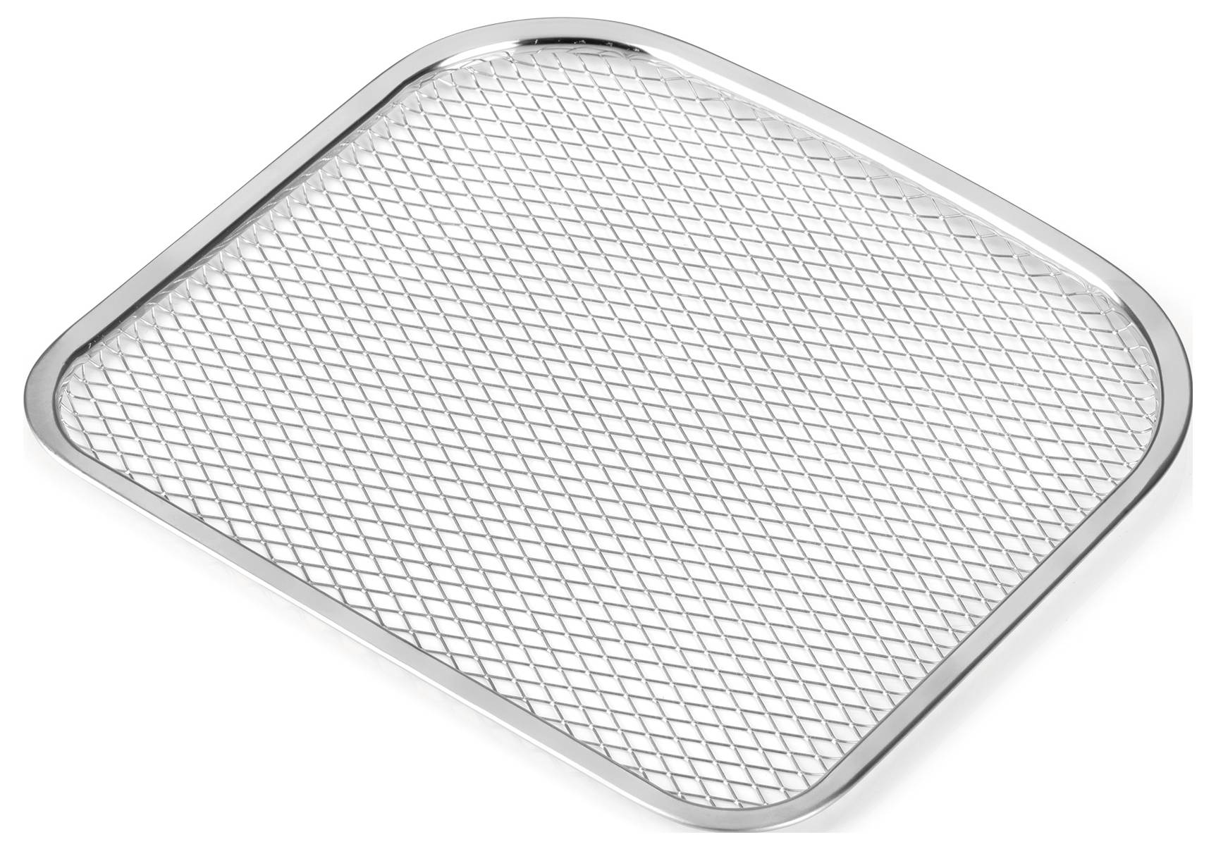 Rectangular metal cooling rack with a diamond mesh pattern and rounded edges, used for baking.