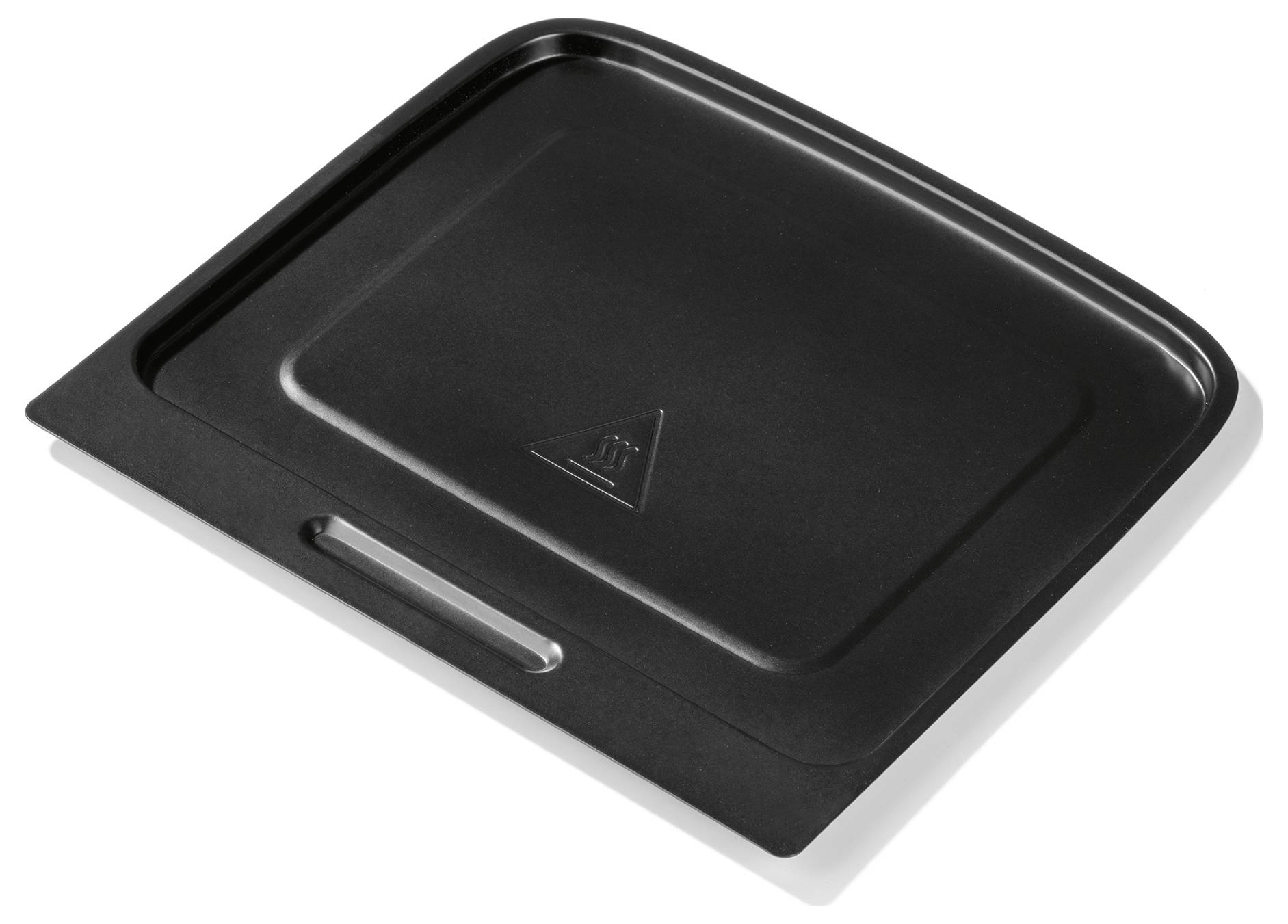 A black, square plastic food container lid with rounded edges, featuring a small triangle symbol at the center.