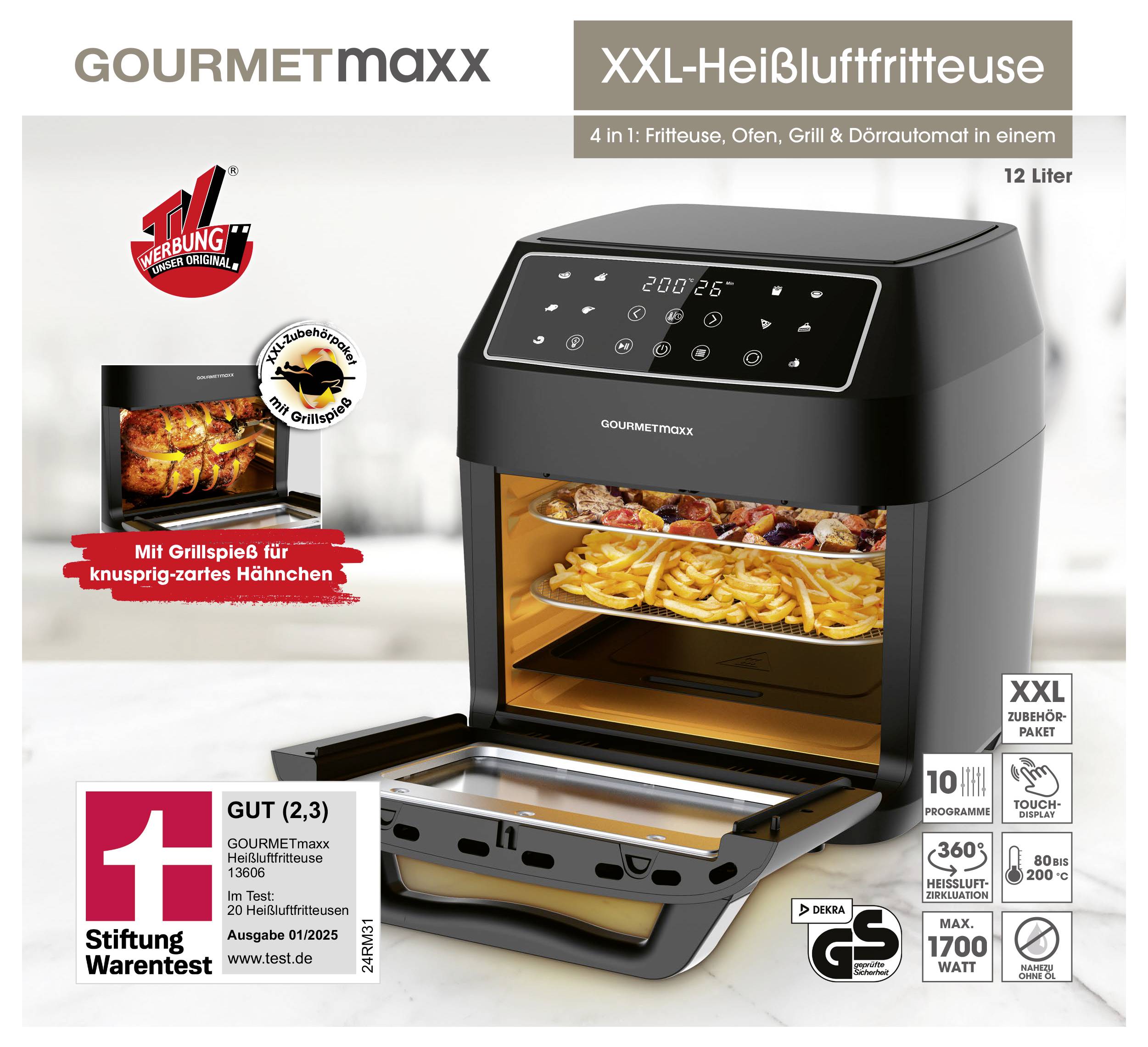 GOURMETmaxx XXL Hot Air Fryer, 4-in-1: Deep Fryer, Oven, Grill & Dehydrator, 12 Litres. TV Advertising. GOOD (2.3) by Stiftung Warentest.