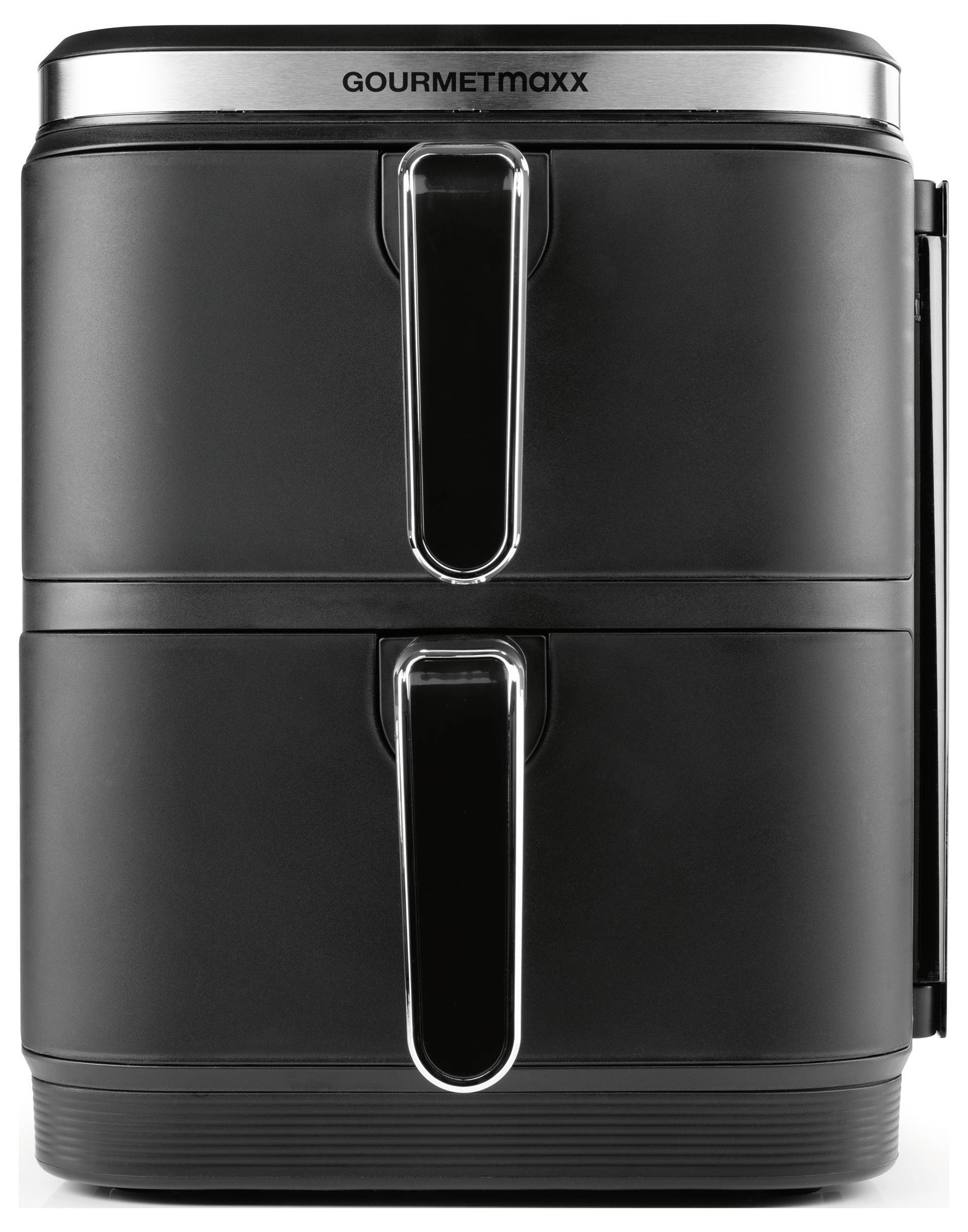 A black dual-drawer air fryer with a chrome accent and handles. The brand name 'Gourmet Maxx' is printed at the top.