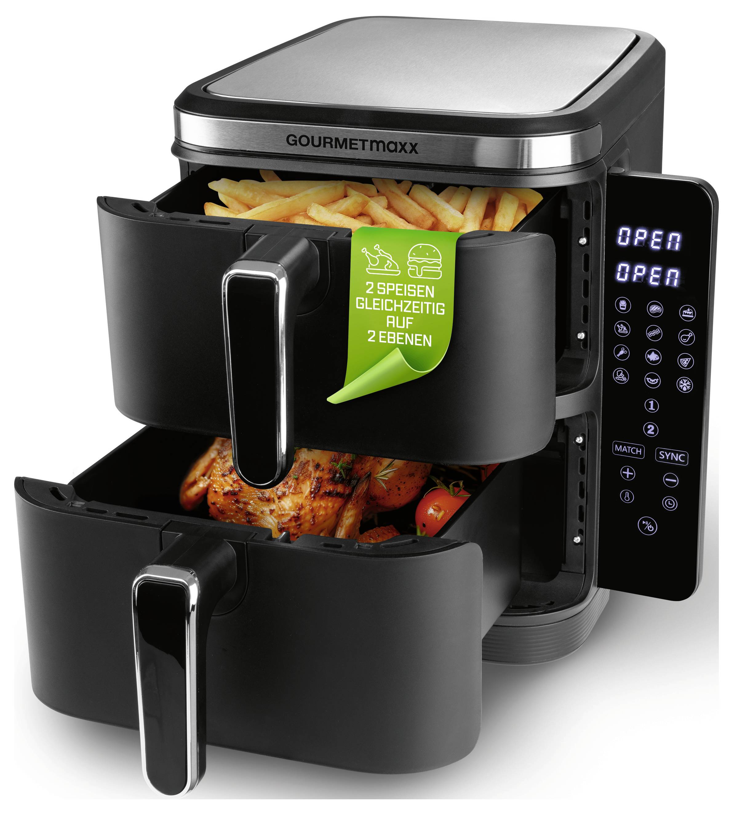 A dual-basket air fryer with fries in the top drawer and roasted chicken in the bottom. The control panel displays 'OPEN'.