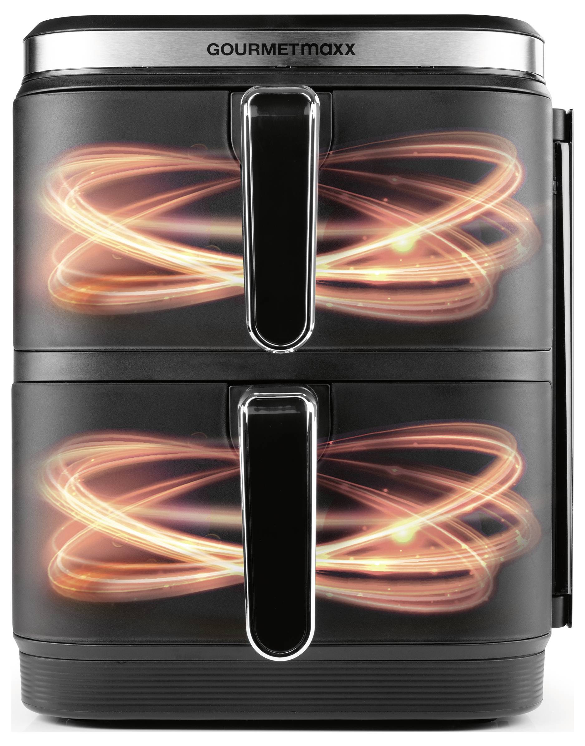 'GOURMETmaxx' air fryer with two stacked compartments. Each has a glowing swirl pattern, suggesting rapid hot air circulation.
